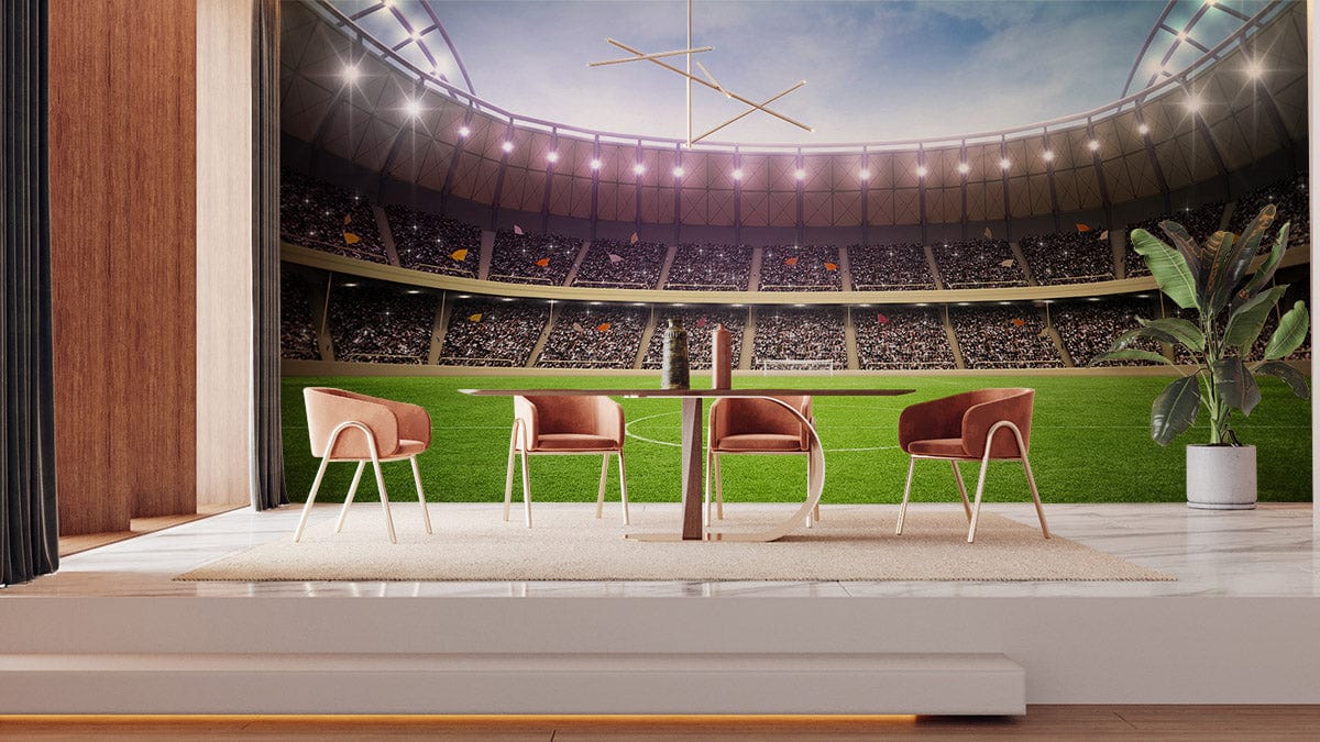 Panoramic Football Stadium Mural Wallpaper, modern dining chairs, wooden flooring, contemporary room setting.