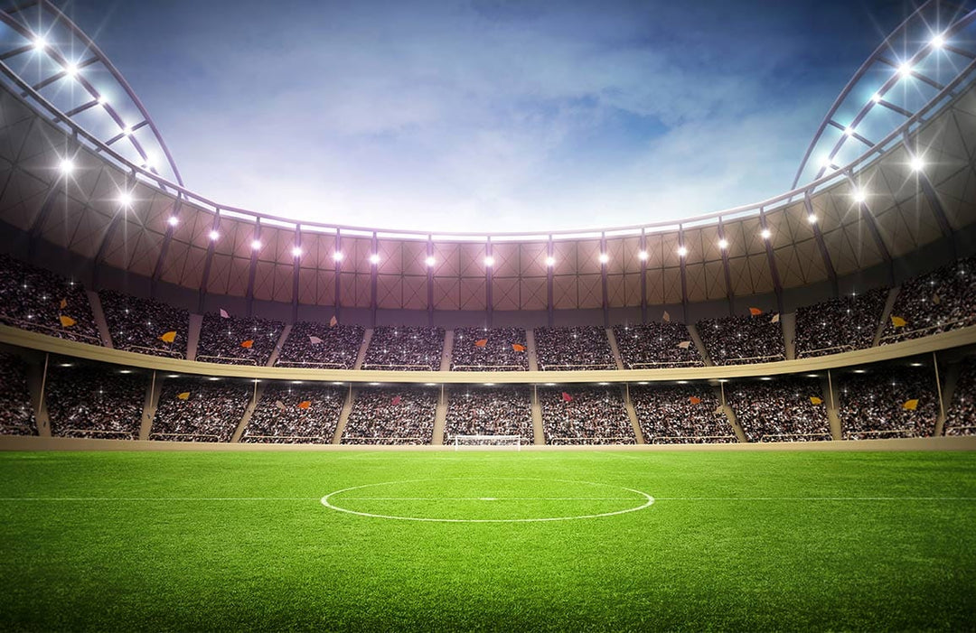 Panoramic Football Stadium Mural Wallpaper with Green Field and Crowd
