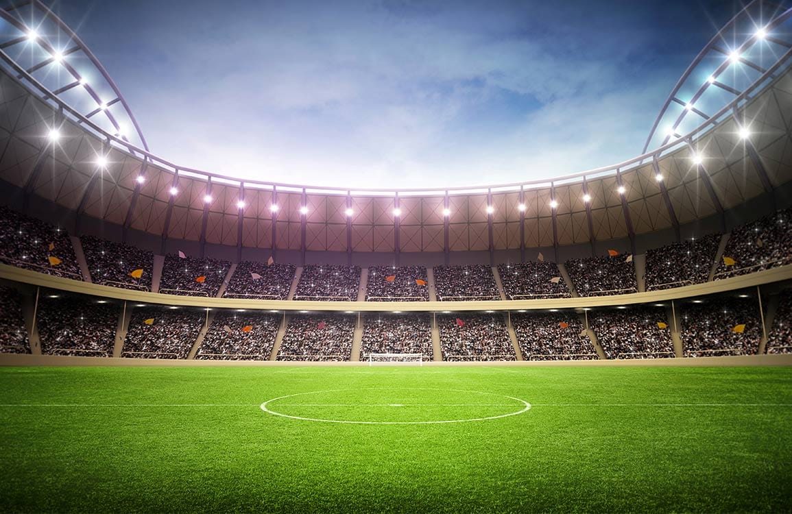 Panoramic Football Stadium Mural Wallpaper with Green Field and Crowd