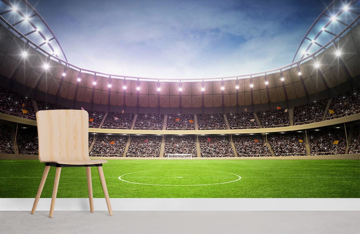 Panoramic stadium mural wallpaper with green field, modern chair, and laminate flooring in living room.