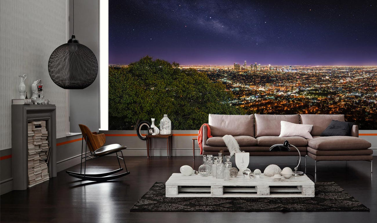 Stunning cityscape mural wallpaper in living room with modern sofa, dark wood flooring, stylish decor.