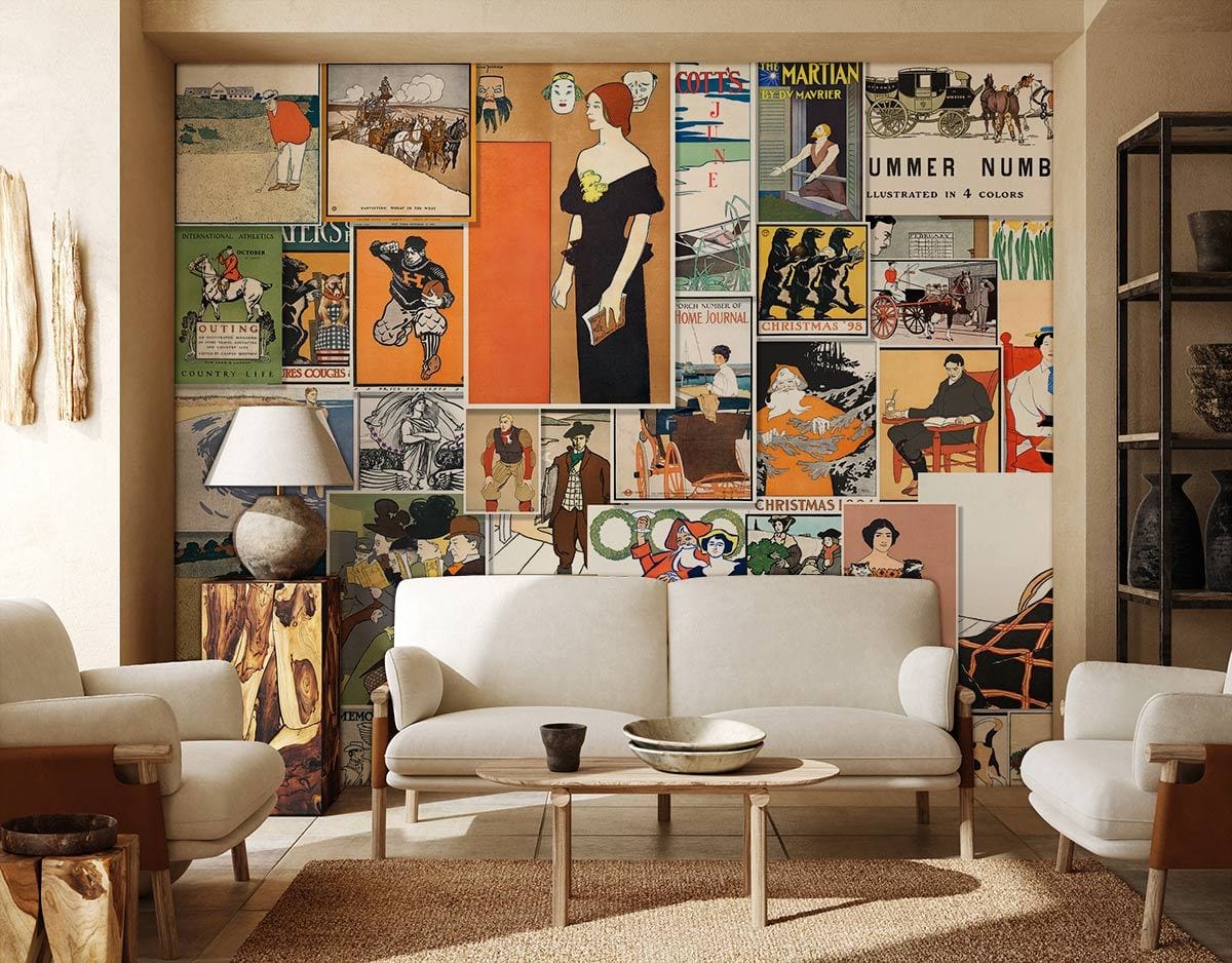 Vintage Art Print Collage Wallpaper in living room with beige sofas, retro decor, and stylish lighting.