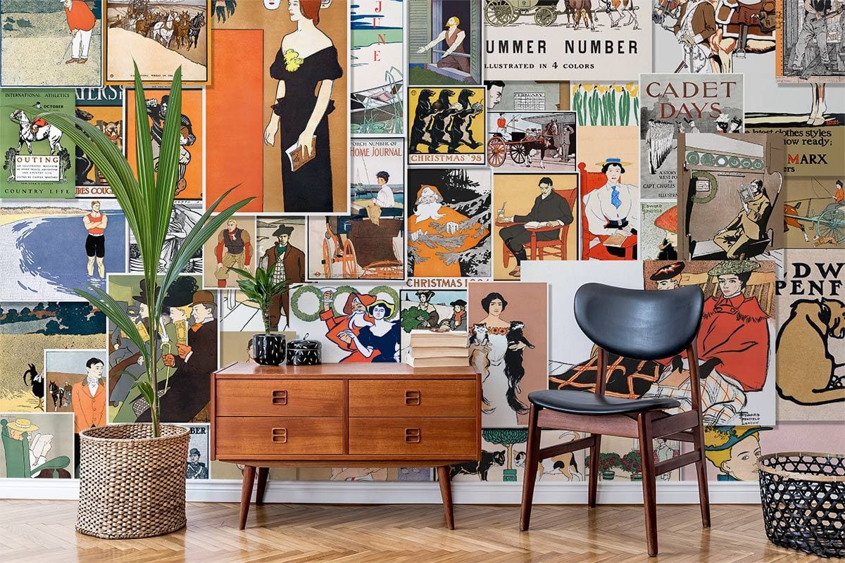 Vintage art print collage wallpaper in retro mural design with mid-century sideboard and modern chair.