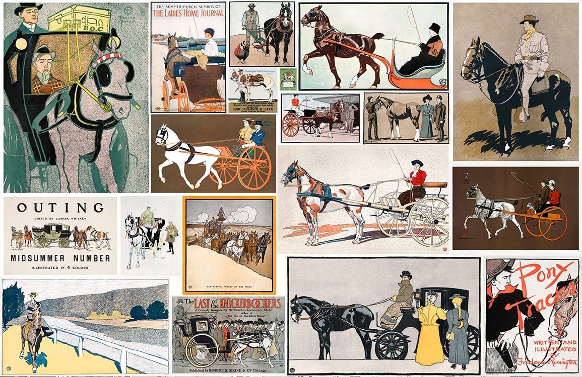 Vintage Horse and Carriage Mural Wallpaper - Classic Equestrian Art Collage Design