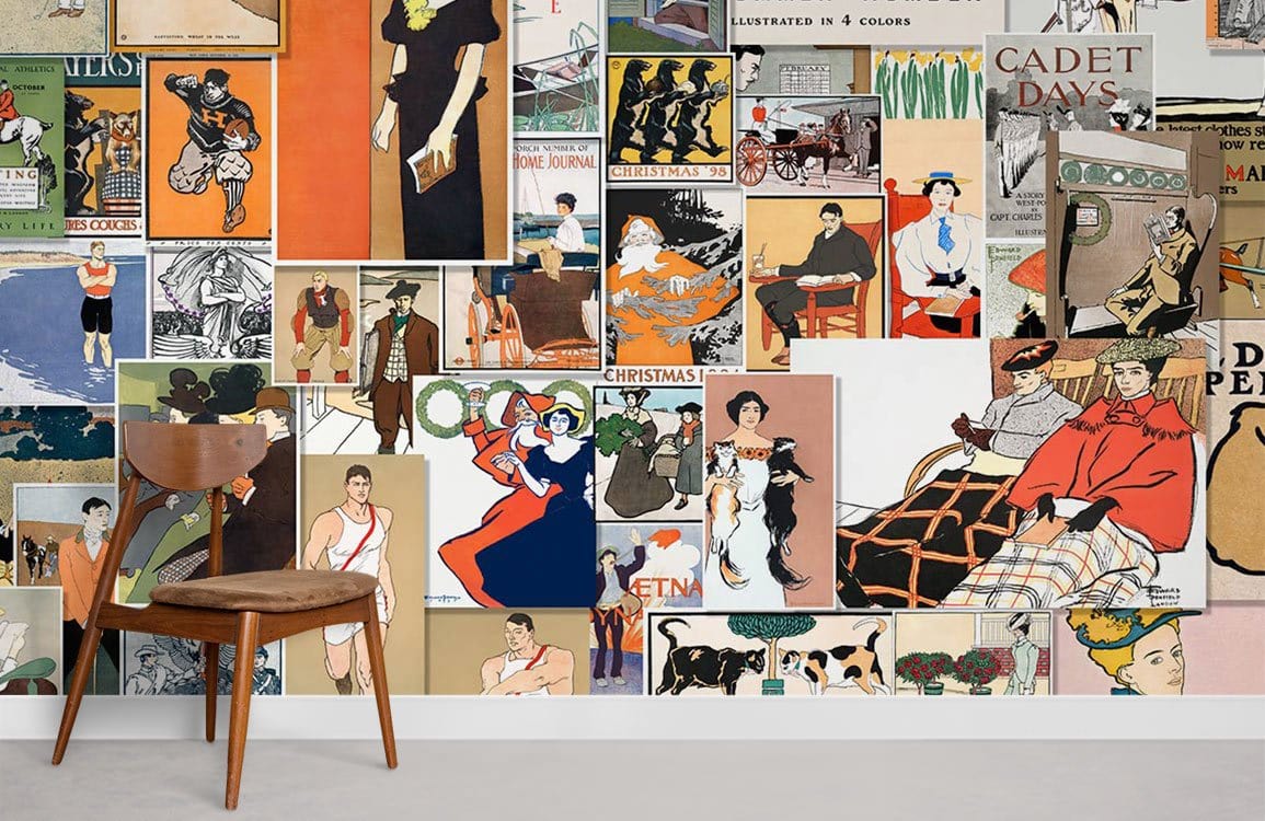 Vintage art print collage wallpaper with colourful retro designs; stylish room with wooden chair.