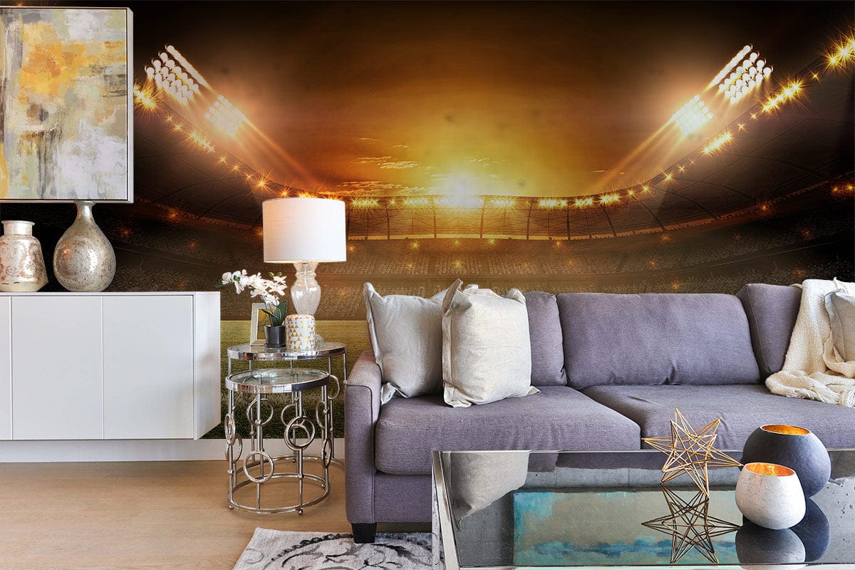 Golden Stadium Glow Sports Wallpaper, football field mural, chic grey sofa, modern living room design.