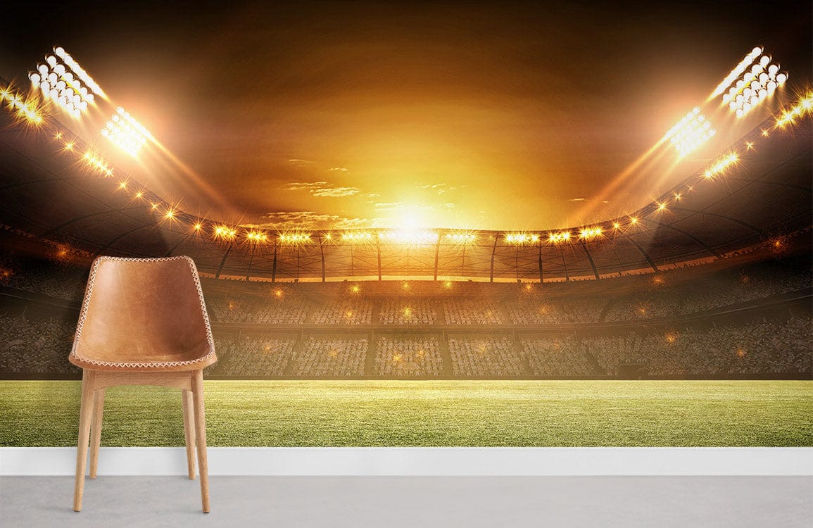 Golden Stadium Glow Sports Mural Wallpaper, football field design, brown chair, grey flooring, dynamic lighting.