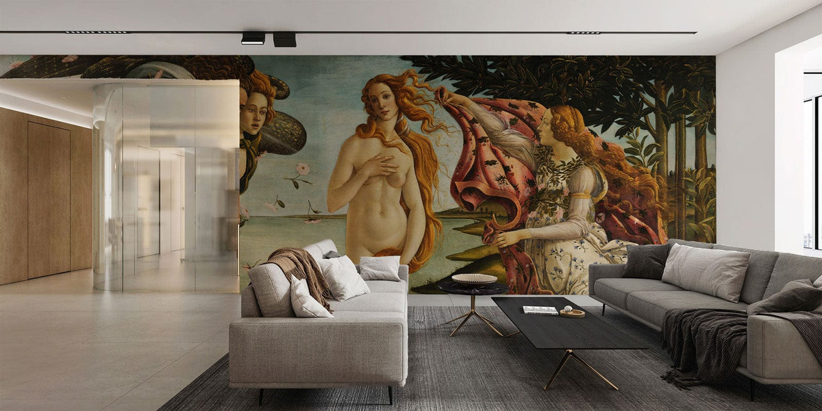 Renaissance Artistry mural with grey sofas, contemporary glass wall, and minimalist living room decor.