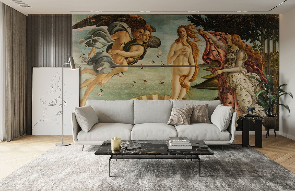 Grey sofa in living room with Botticelli mural wallpaper, wooden flooring, and modern art decor.