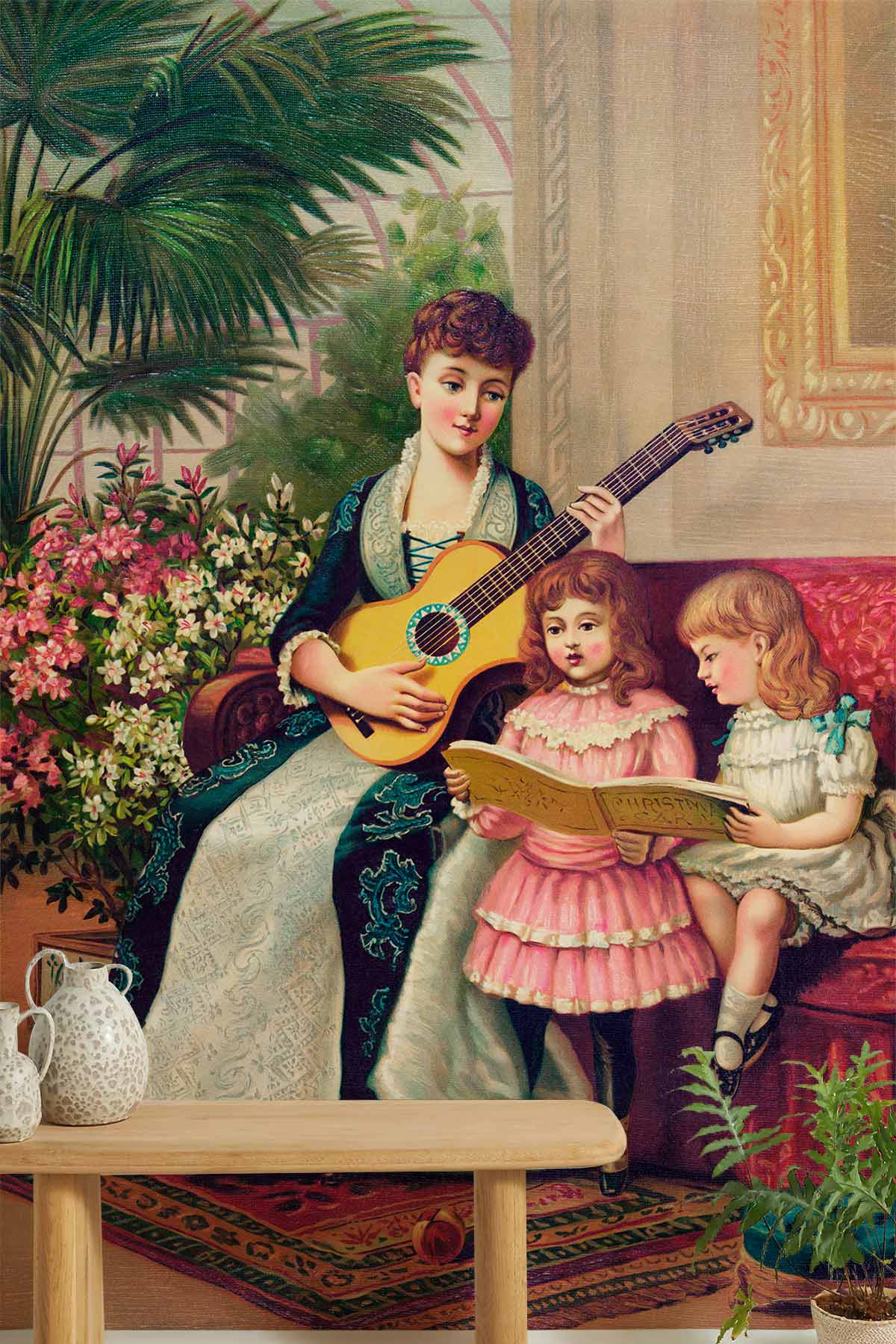 Vintage Victorian family music scene mural featuring elegant floral decor, red sofa, wooden flooring.