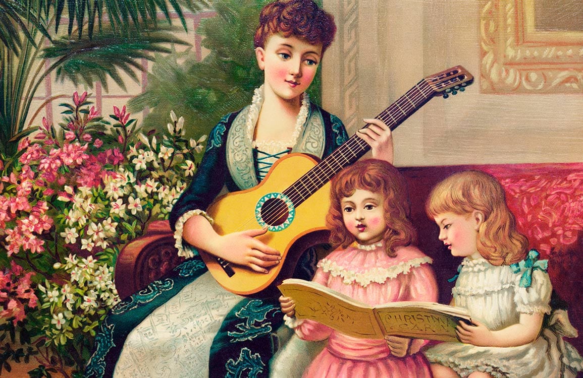Vintage Victorian Family Music Scene Mural, Elegant Floral Home Decor Wallpaper