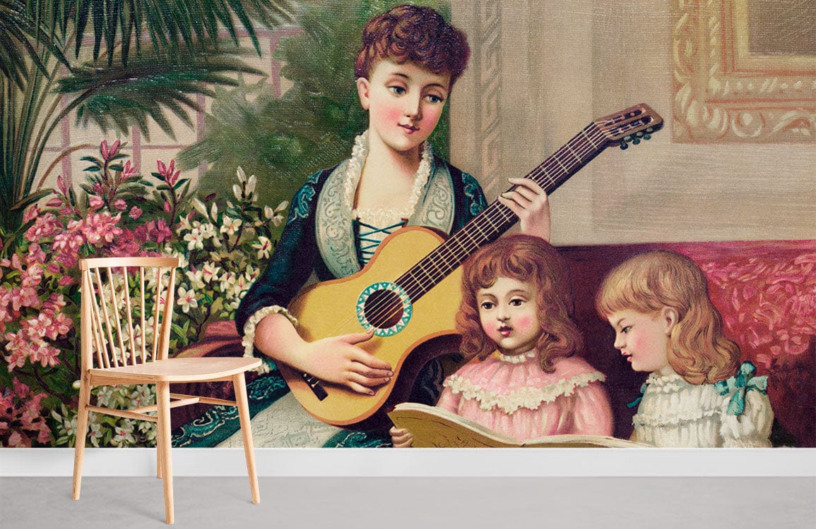 Vintage Victorian wallpaper featuring family music scene, wooden chair, floral decor, grey flooring, home elegance.