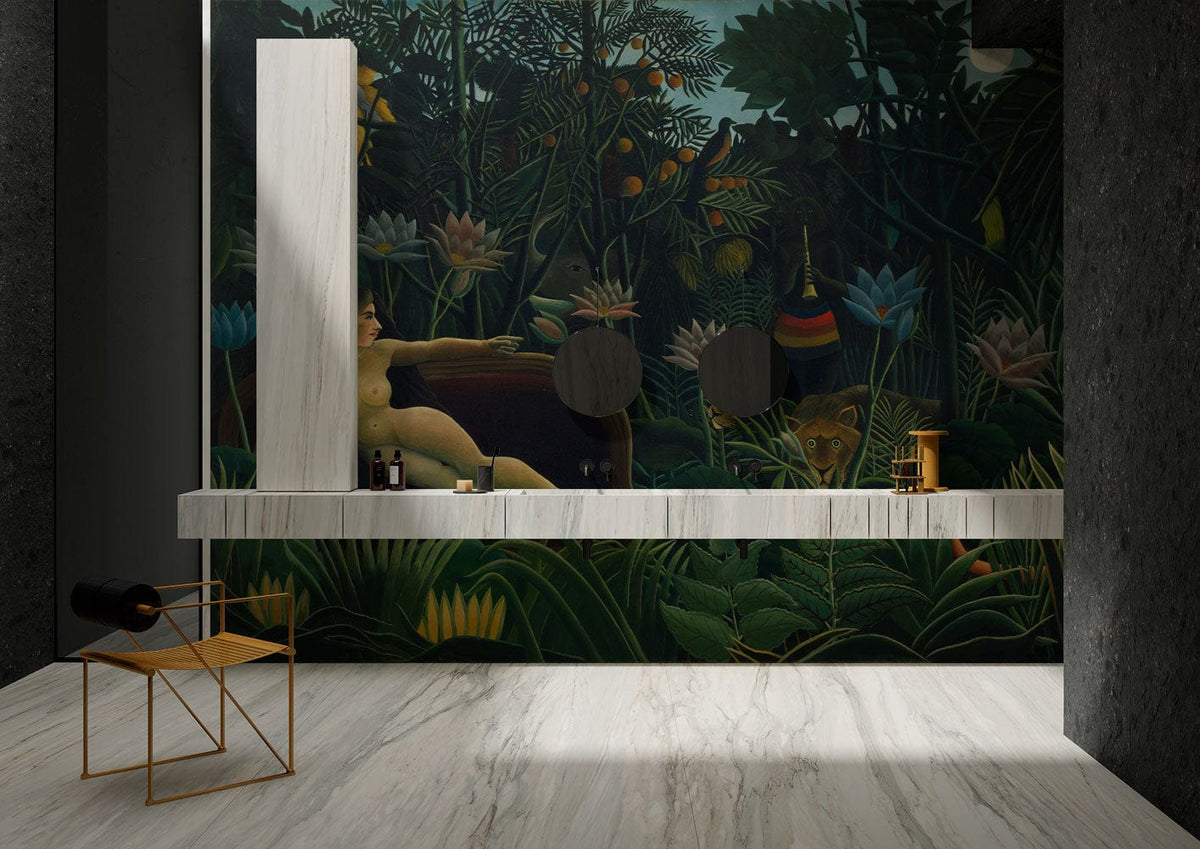 Exotic Jungle Dreamscape Mural Wallpaper with lush greenery in modern bathroom, featuring marble flooring.