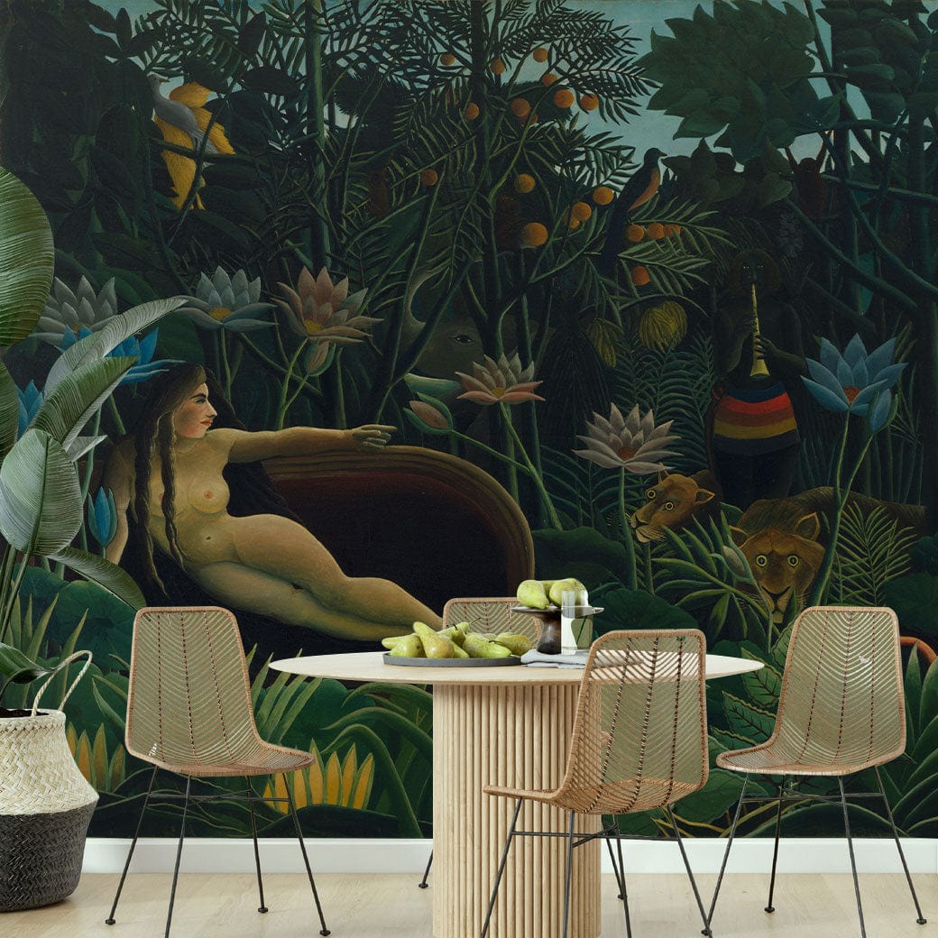 Exotic Jungle mural wallpaper in dining room with wooden table, modern chairs, and light wood flooring.