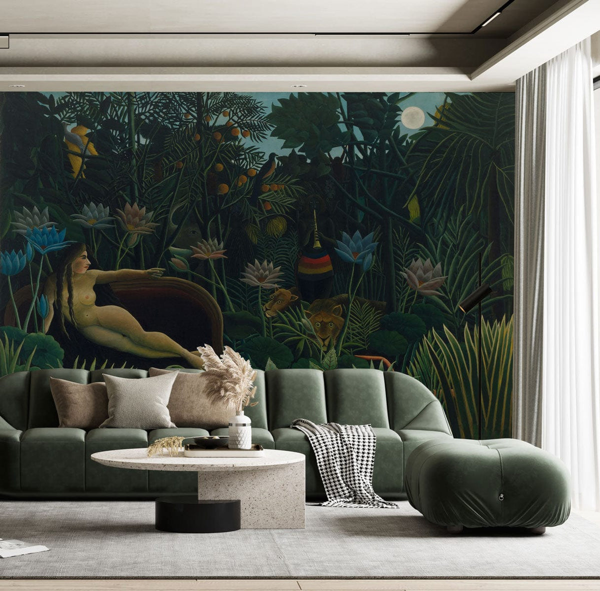Lush green sofa, stone coffee table complement Exotic Jungle Dreamscape mural wallpaper in stylish living room.