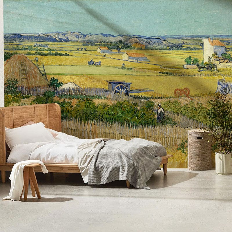 Idyllic Countryside Landscape Mural in Impressionist Style, wooden bed, cosy bedroom, neutral flooring.