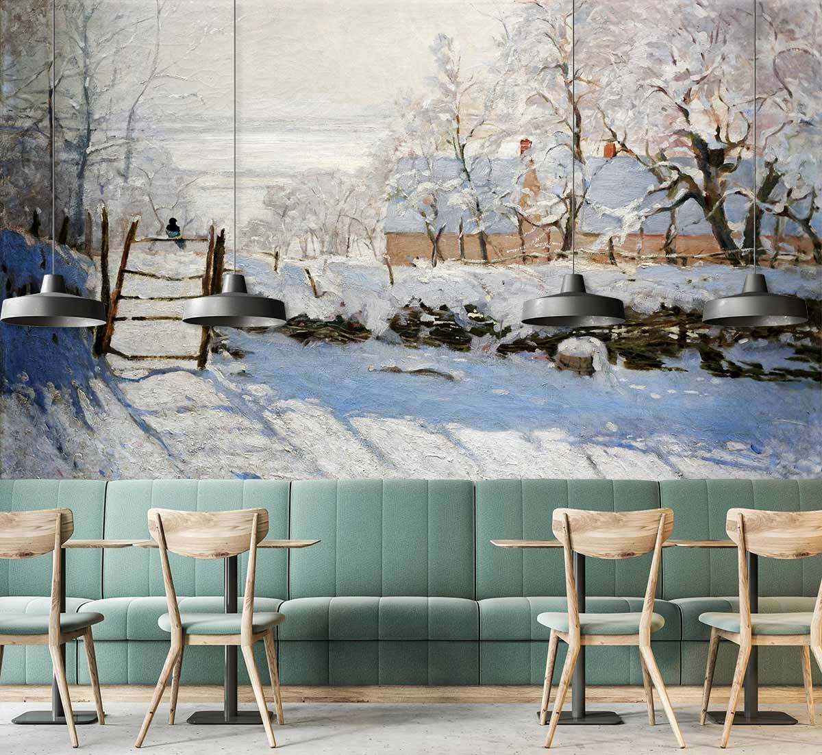 Serene winter village mural wallpaper, snowy landscape, teal sofa, wooden chairs, pendant lighting, restaurant setting.
