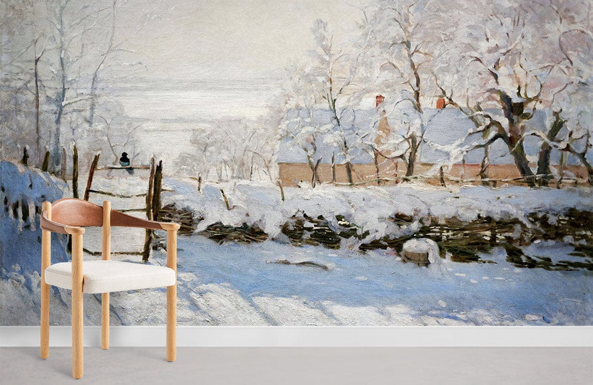 Serene winter mural wallpaper, snowy landscape, wooden chair, minimalist white wall, cosy living room ambiance.