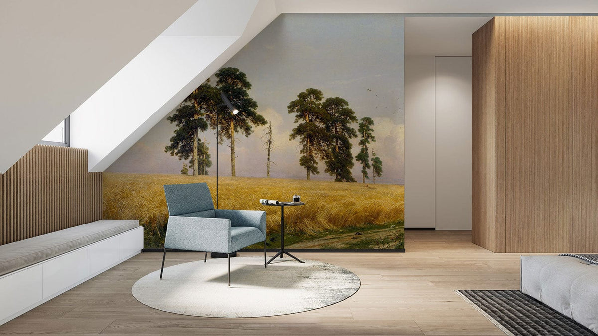 Tranquil Countryside mural wallpaper in modern lounge, featuring blue armchair, light wood flooring.