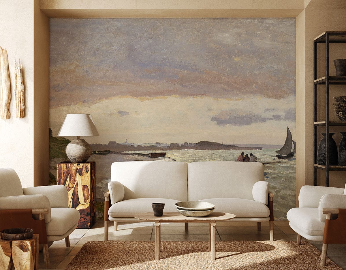 Serene Coastal Landscape Mural Wallpaper adorns living room with beige sofas, wood flooring, neutral decor.
