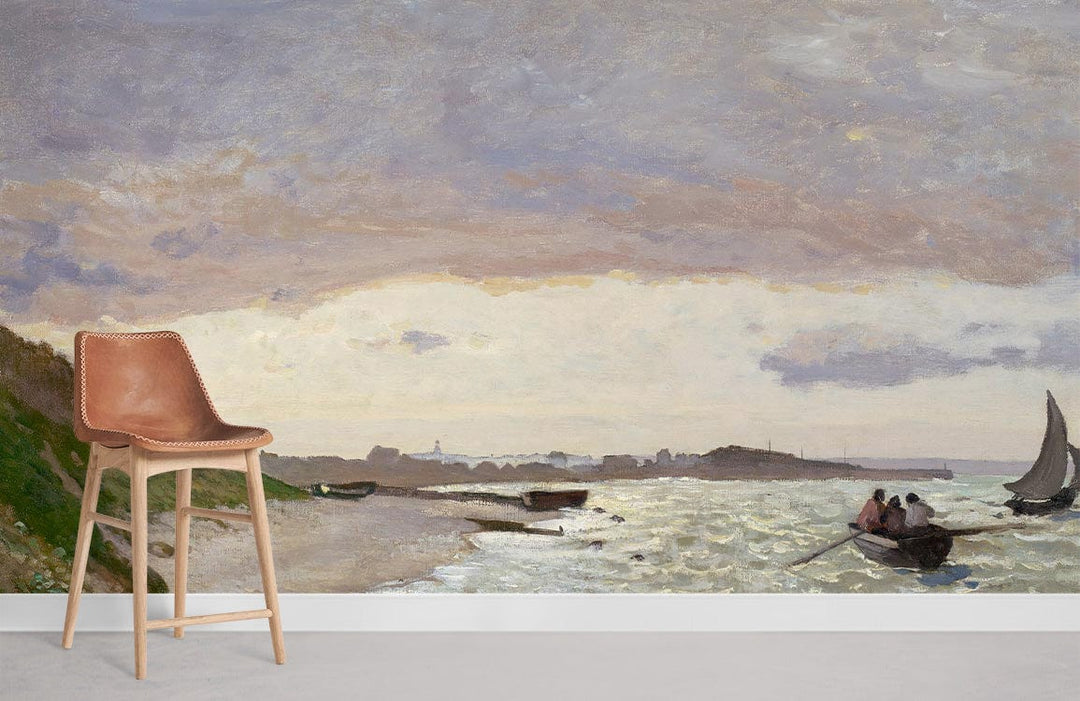 Serene Coastal Landscape Mural Wallpaper with soft pastels, featuring a wooden bar stool on grey flooring.