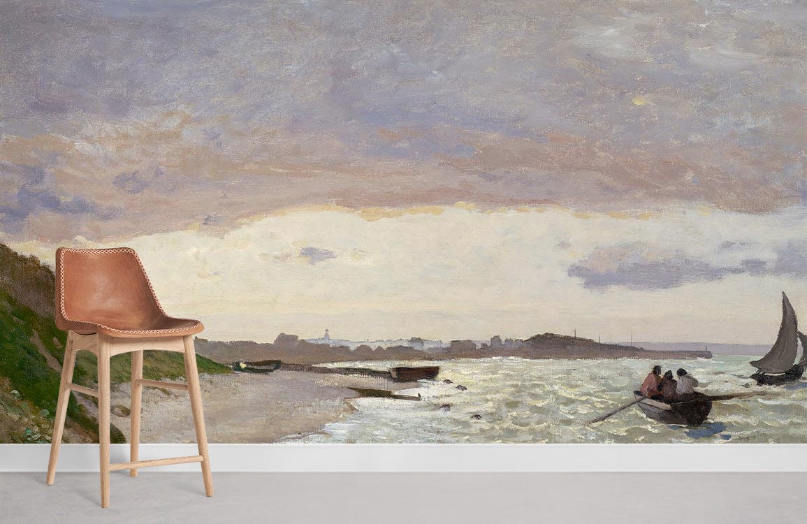 Serene Coastal Landscape Mural Wallpaper with soft pastels, featuring a wooden bar stool on grey flooring.
