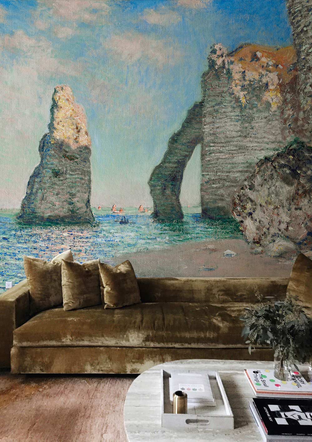 Coastal Impressionist Seascape Mural Wallpaper, soft pastel tones, brown velvet sofa, wooden flooring, living room.