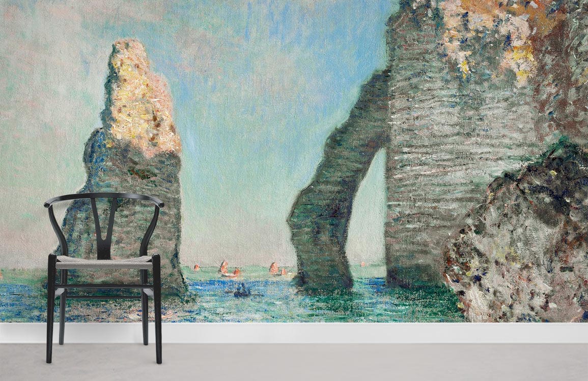 Coastal Impressionist seascape mural wallpaper in soft pastels, featuring chair on concrete flooring.