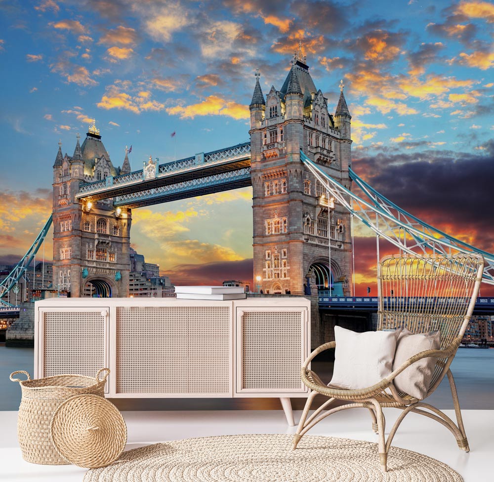Stunning London Tower Bridge mural wallpaper in vibrant urban scene with modern white cabinet and chair.