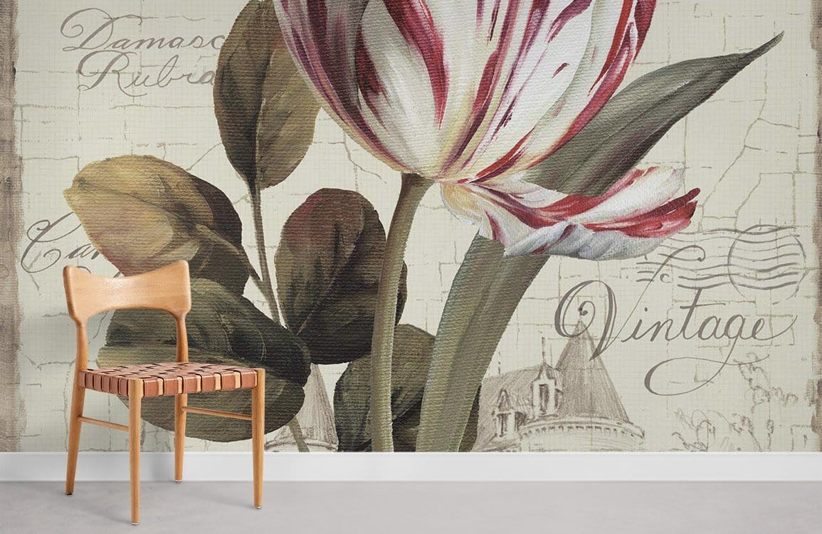 Vintage Floral Tulip Wallpaper Mural in cream and red with elegant script, wooden chair, grey flooring.