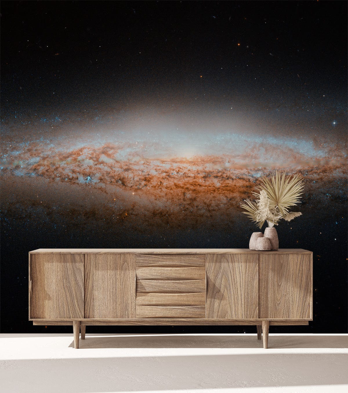 Cosmic Galaxy Dreamscape Mural Wallpaper, celestial design, wooden sideboard, minimalist decor, space-themed wall.