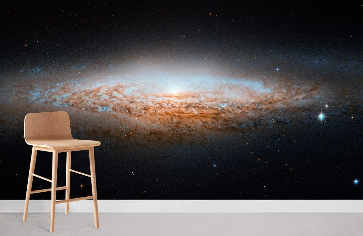 Cosmic Galaxy Dreamscape Mural, Celestial Design with Wooden Stool, Concrete Floor, Modern Space Decor.