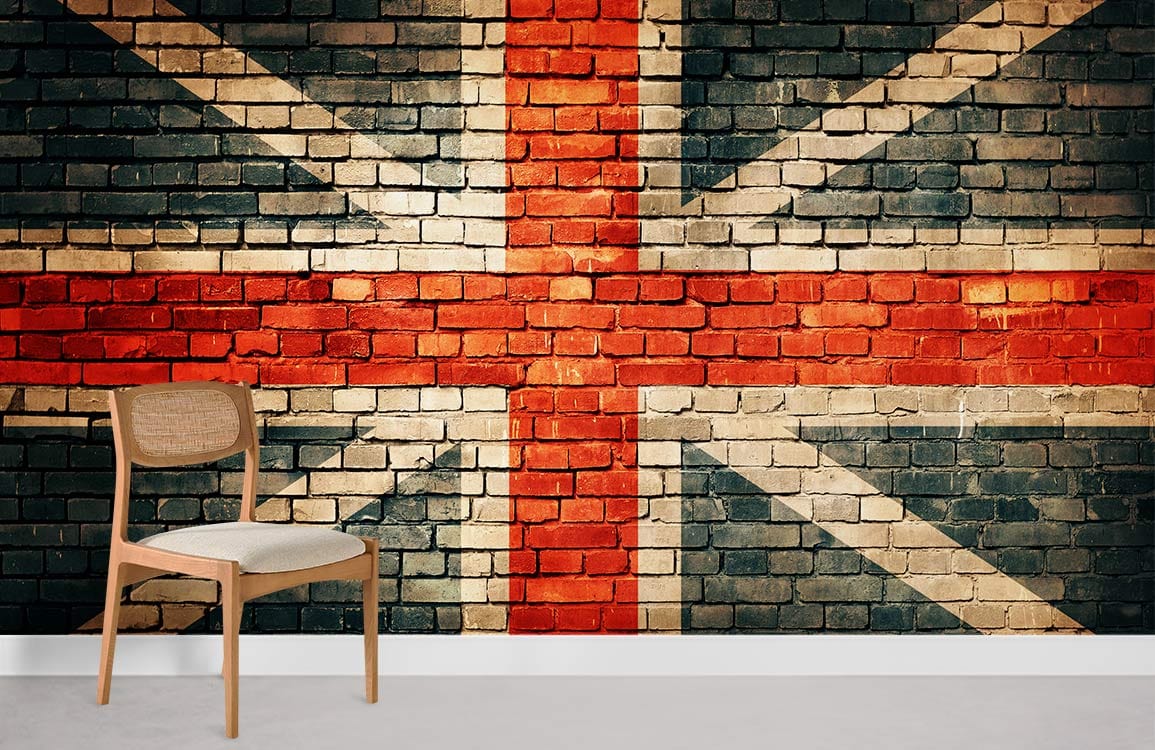 Vintage Union Jack mural wallpaper in rustic style with wooden chair on neutral flooring.