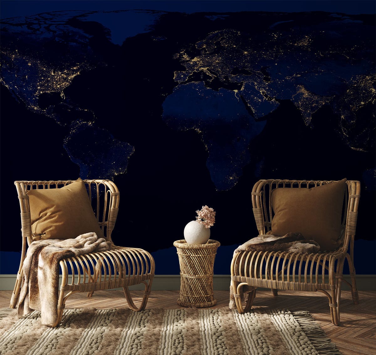 Rattan chairs, Night Sky Earth Map mural wallpaper with illuminated cities design, textured rug, cosy room.