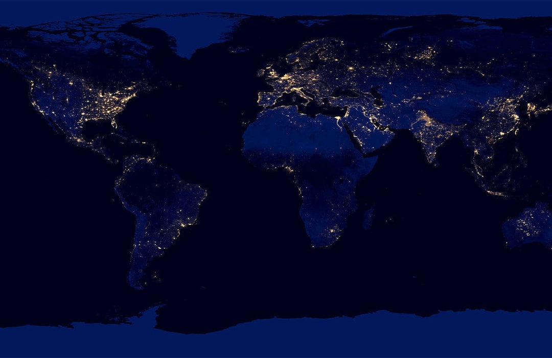 Night Sky Earth Map Mural Wallpaper with Illuminated Cities Design