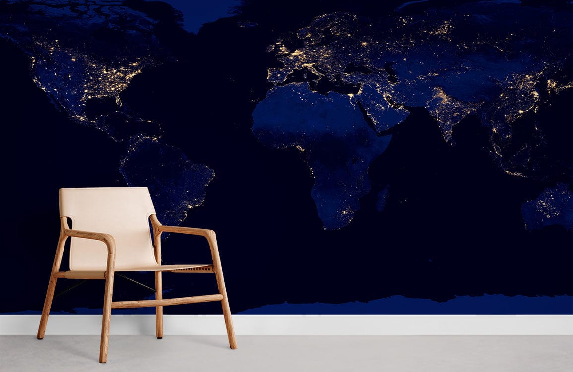 Night Sky Earth Map Mural Wallpaper with City Lights, beige chair, concrete flooring in living room.