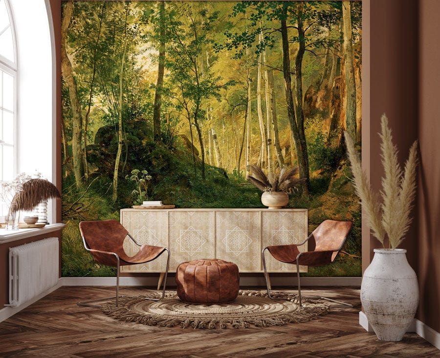 Serene Birch Forest Mural Wallpaper in lush green, brown chairs, wooden floor, earthy living room setting.