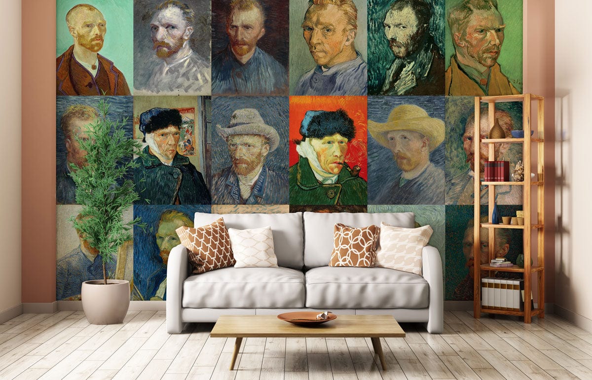 Vincent Van Gogh inspiring mural wallpaper in living room with grey sofa, wooden flooring, decorative shelf.