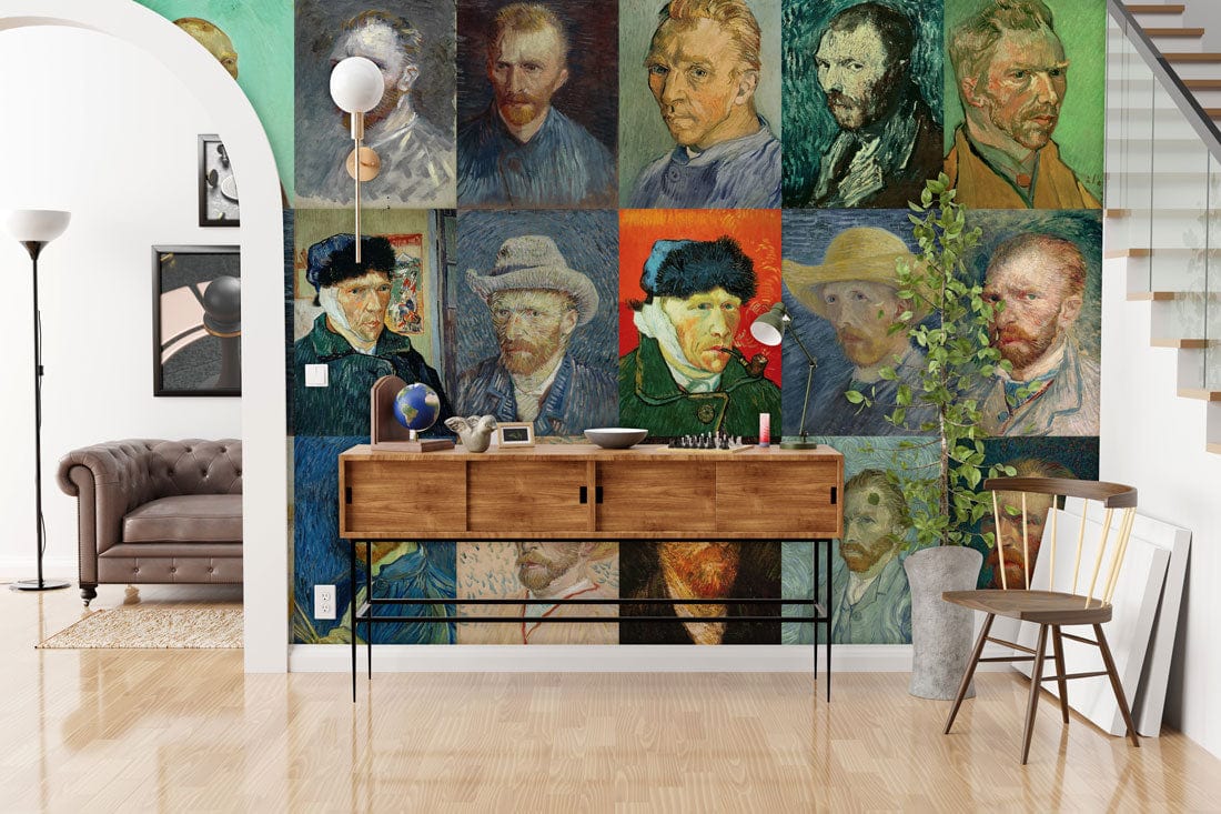 Vincent Van Gogh mural with colourful self-portraits, wooden console, brown sofa, modern living room.