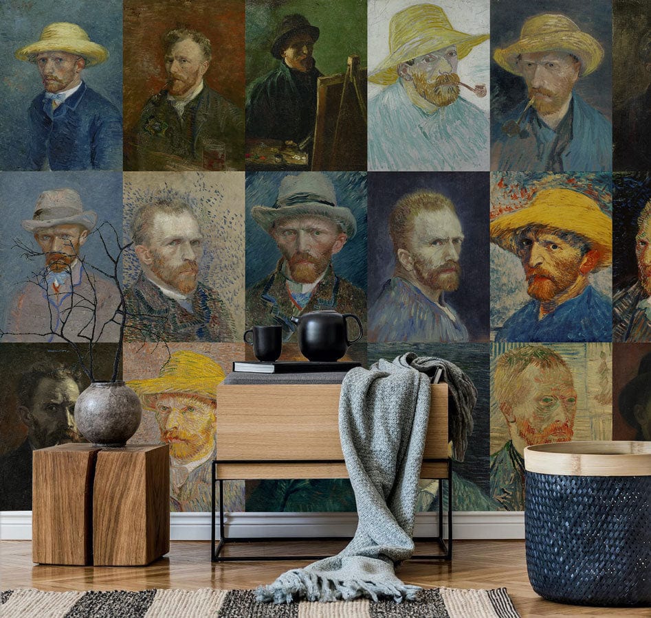 Artistic vintage mural wallpaper with portraits, wooden sideboard, grey throw, and woven basket in stylish room.