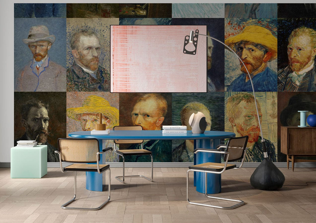 Artistic Vintage Self-Portrait Mural Wallpaper in study room, blue table, beige chairs, parquet flooring.