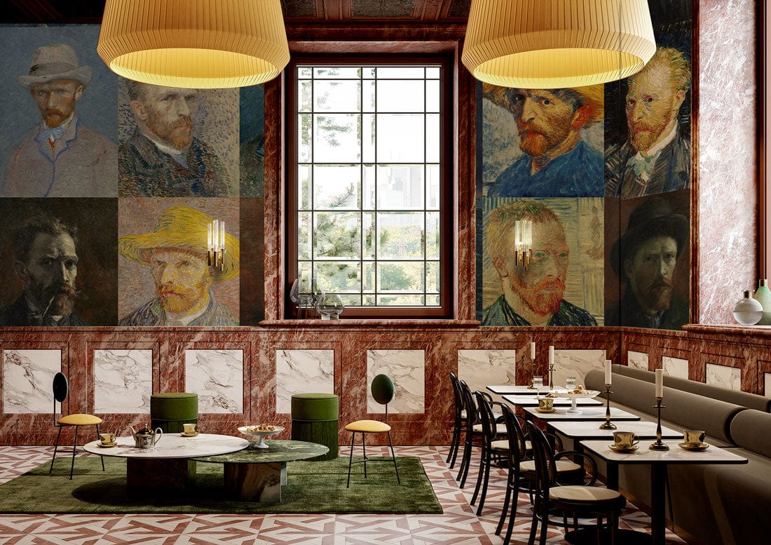 Artistic mural with vintage self-portraits, elegant dining area, marble walls, green rug, round tables.