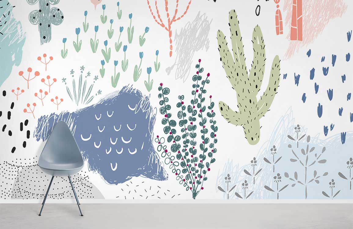 Modern pastel botanical wallpaper, cacti and floral design with grey chair on light flooring in room.