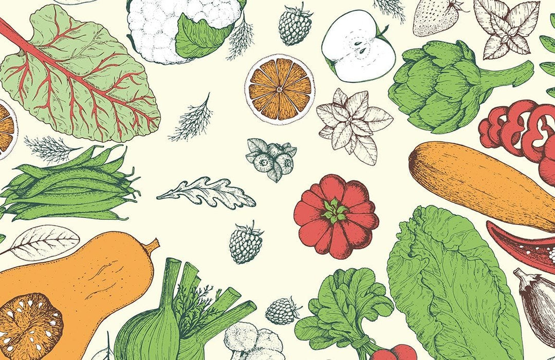 Vibrant Botanical Vegetable Garden Illustrated Kitchen Wallpaper with Colourful Harvest Pattern