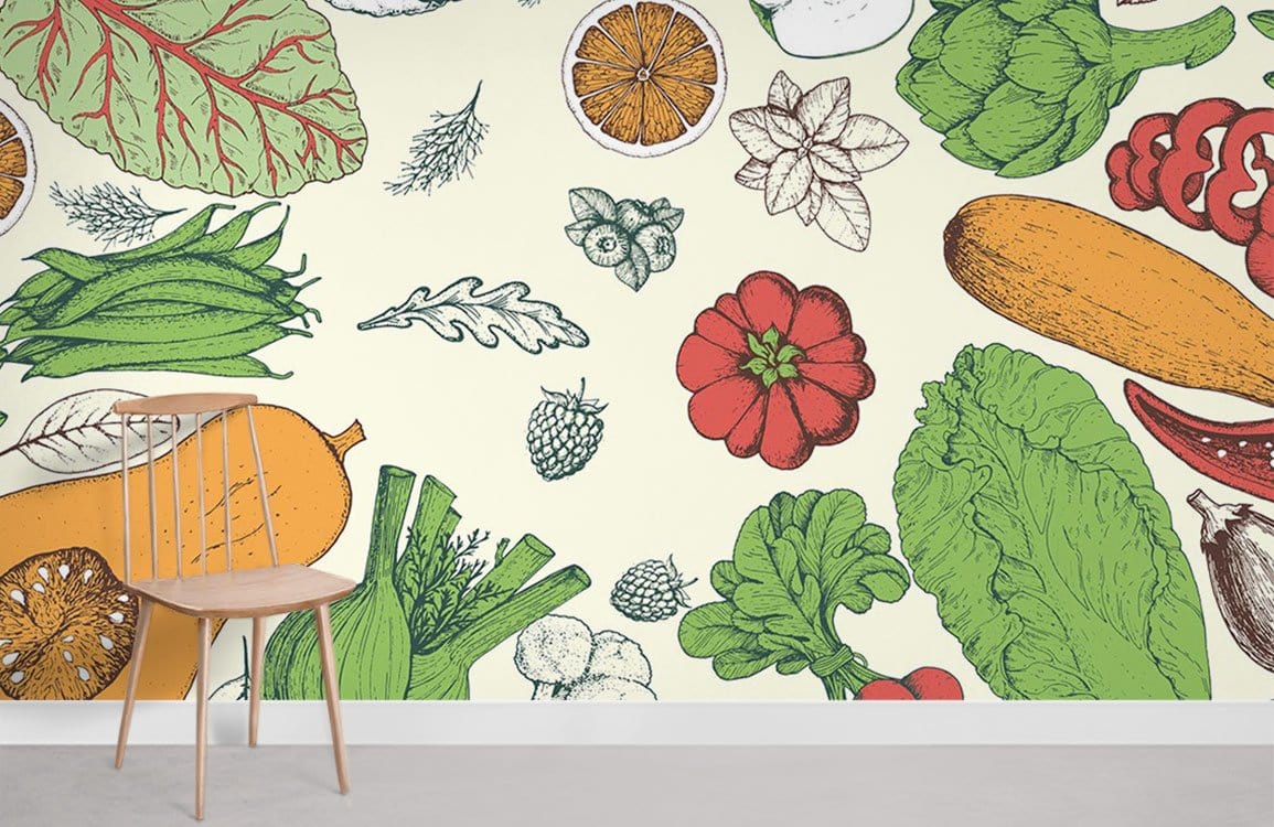 Vibrant botanical vegetable kitchen wallpaper with colourful harvest pattern, wooden chair, grey floor, white wall.