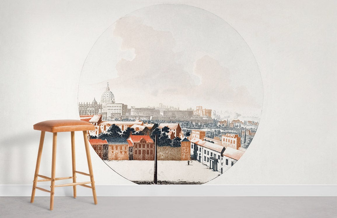 Historic Cityscape Mural Wallpaper; soft pastels, vintage style; light wooden stool, minimalistic room.