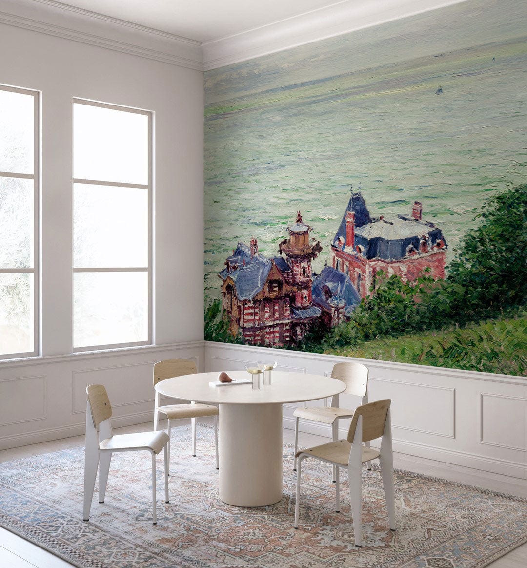 Dining room with Victorian Seaside Manor mural wallpaper, green and red, white round table, modern chairs.