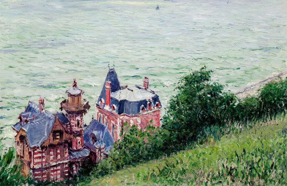 Victorian Seaside Manor Landscape Mural Wallpaper in Green and Red Palette