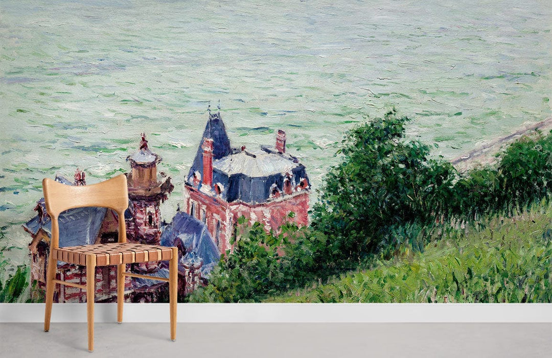 Victorian Seaside Manor Mural Wallpaper, green-red palette, modern wooden chair, grey floor, elegant Décor.