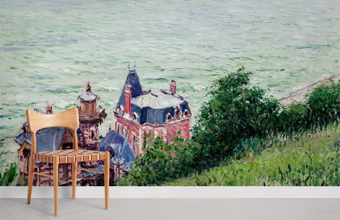 Victorian Seaside Manor Mural Wallpaper, green-red palette, modern wooden chair, grey floor, elegant Décor.